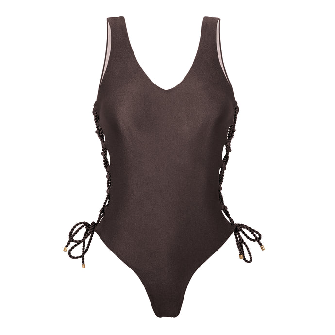 Product Front: Rio De Sol Une Pièce Shimmer-Coffee Zoe